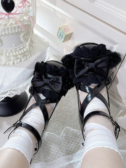 Black Crisscross Design Plush Bunny Ear Decorated Bow at Top Platforms With Pompon