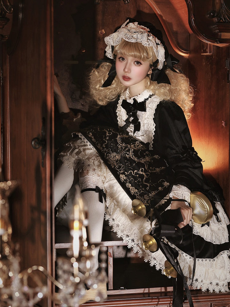 Candle and Candlestick Embroidery Black Bell Sleeves Velvet Dress Lolita OP / Set