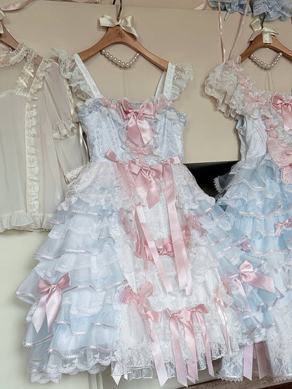 Blue and Pink Bow Accents Tiered Skirt Hanayome Hime Lolita Jumper Skirt