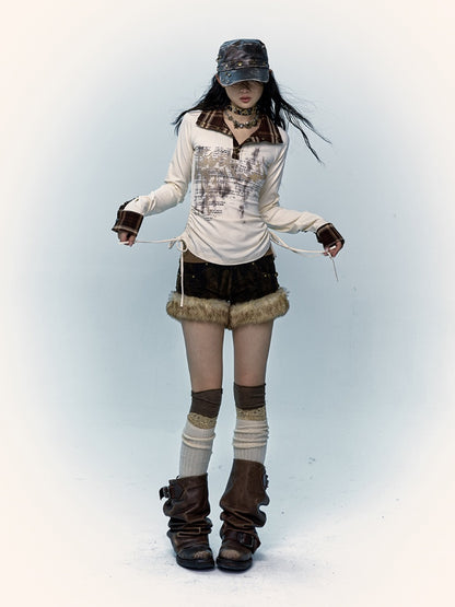 Plush Trim Corduroy Black & Yellow Shorts