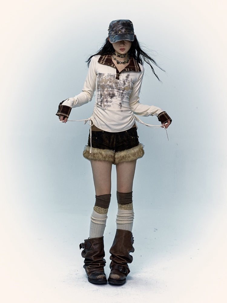 Plush Trim Corduroy Black & Yellow Shorts