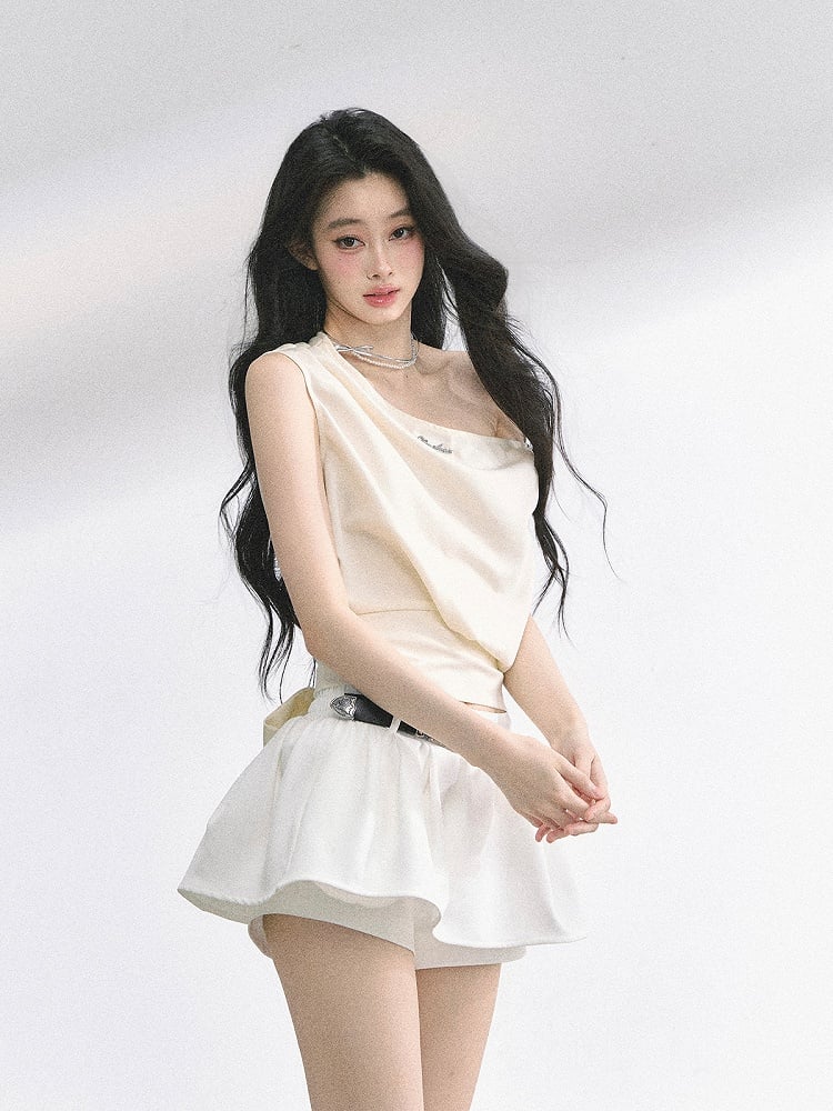 Apricot/Khaki Asymmetrical Neckline Self-tie Bow Back T-shirt