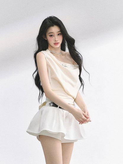 Apricot/Khaki Asymmetrical Neckline Self-tie Bow Back T-shirt