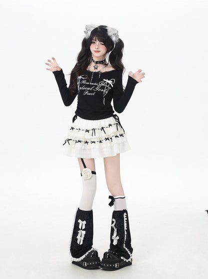 Sweet Bowknot Print Lace Trim Drawstring Waist White/Black Top