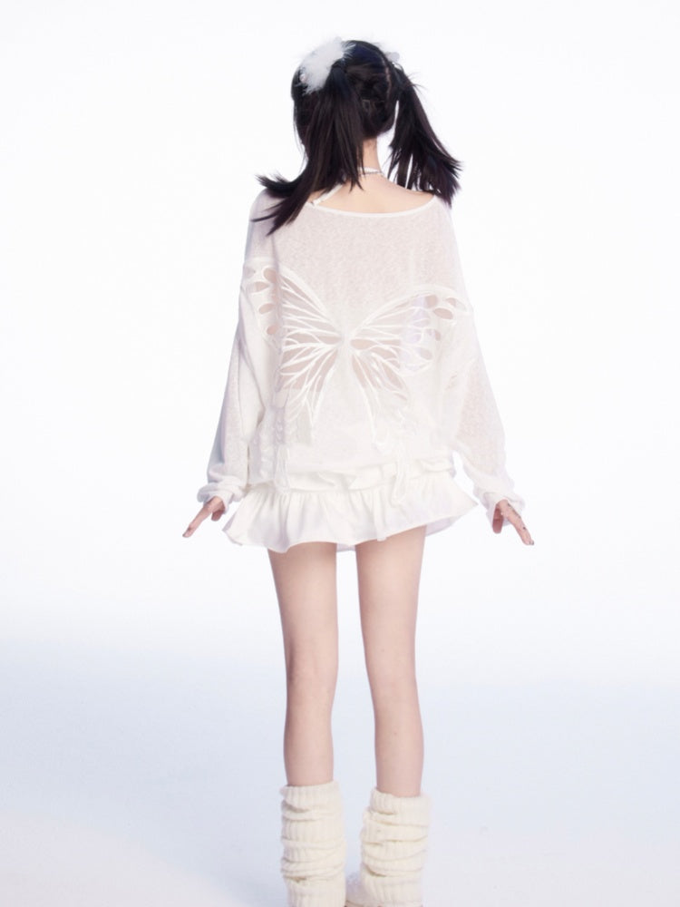 Butterfly-shaped Cutout White Asymmetrical Neckline Semi-sheer Coverup