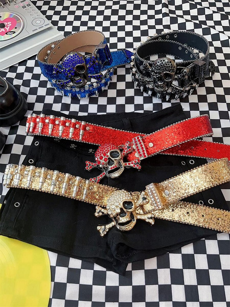 Y2K Glittering Rhinestones Punk Skull Bullets Waist Belt Black/Red/Blue/Gold