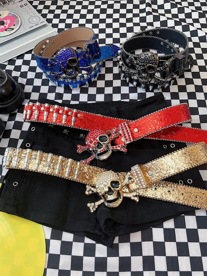 Y2K Glittering Rhinestones Punk Skull Bullets Waist Belt Black/Red/Blue/Gold