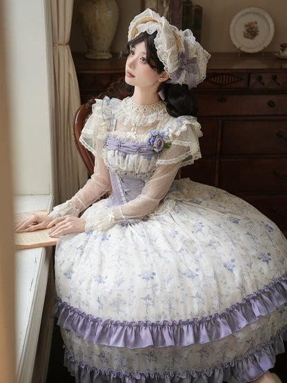 Purple Boned Corset Bodice Iris Print Lolita Dress Classic Floral Print Lolita Jumper Skirt