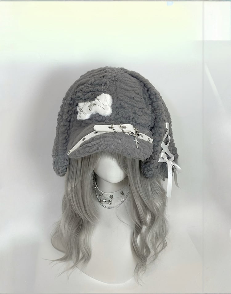 Grey Cross and Pins Buckle Bunny Ear Plush Hat