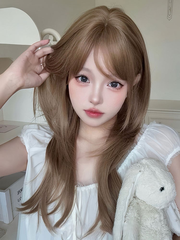 LIght Brown 65CM Length Straight Wig With Air Bangs