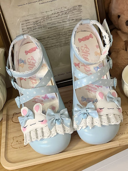 Blue Polka-dot Pattern Crisscross Design Bowknot Details Bunny Applique Lace Trim Sweet Lolita Shoes