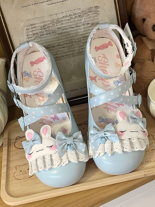 Blue Polka-dot Pattern Crisscross Design Bowknot Details Bunny Applique Lace Trim Sweet Lolita Shoes