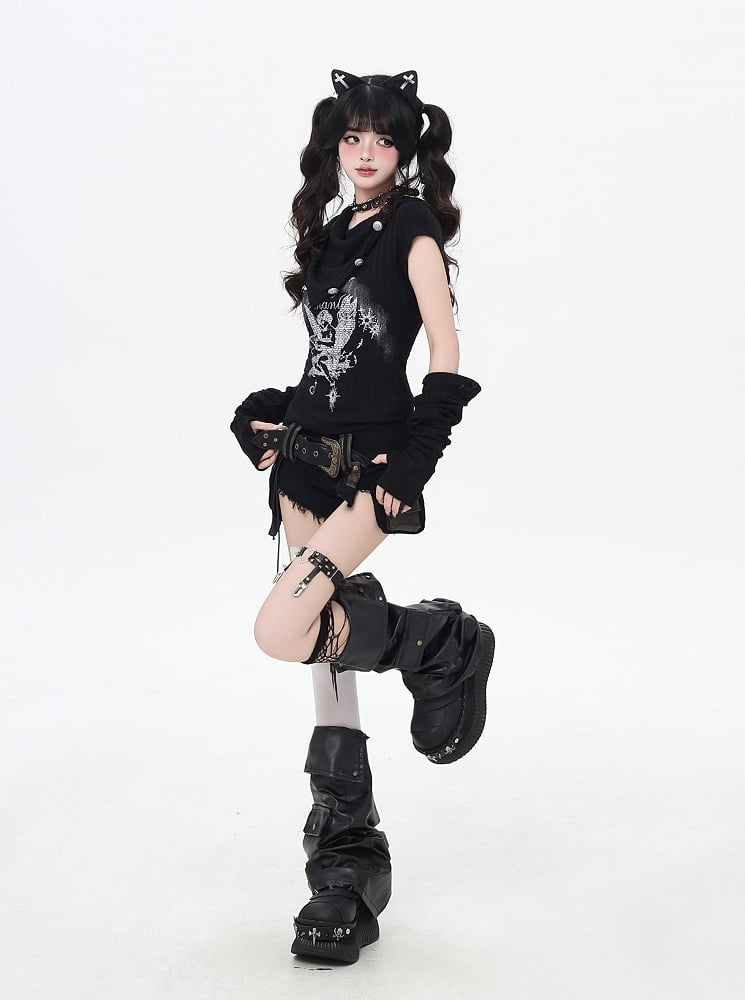 Apricot/Black Pointed Flat Collar Angel Print Wasteland Punk T-shirt with Free Armwears