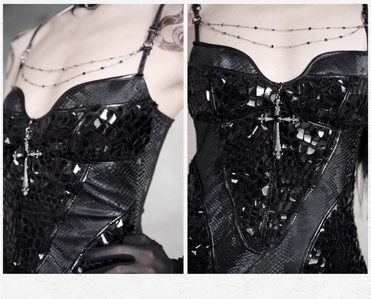 Black Victorian Bustier Bodice Spaghetti Straps Dress Evening Gown PU Leather Mermaid Dress