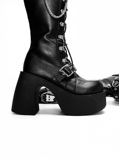 Ghost Cat Black High Block Heel Boots with Detachable Chain