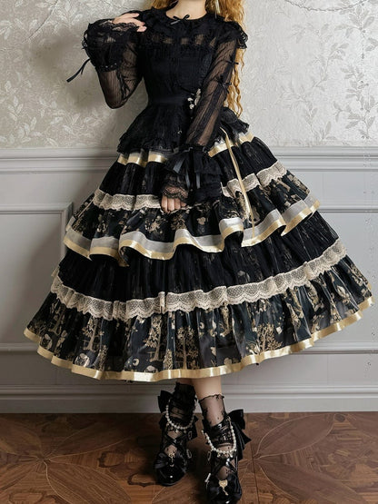 Black and Gold Bunny and Kitty Print Lolita Tiered Ruffle Skirt