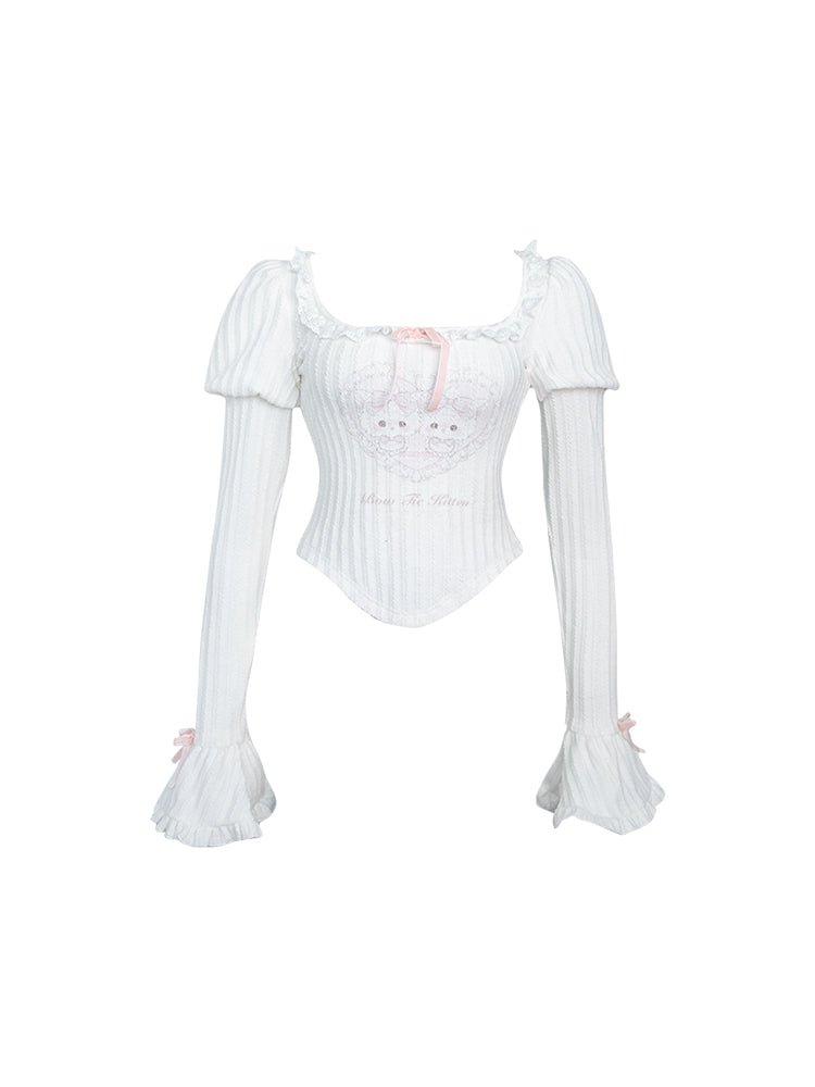 White Knit Top with Juliette Sleeves and Adorable Cat Pattern
