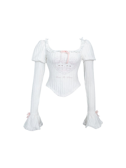 White Knit Top with Juliette Sleeves and Adorable Cat Pattern