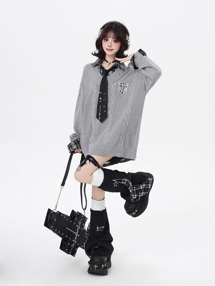 Navy Blue / Gray Retro Academic Plaid Loose Fit Sweater