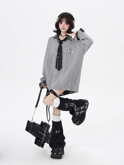 Navy Blue / Gray Retro Academic Plaid Loose Fit Sweater