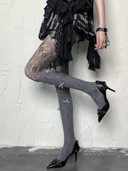 Gray Y2K Bowknot Details Hollowed-out Underknee Stockings