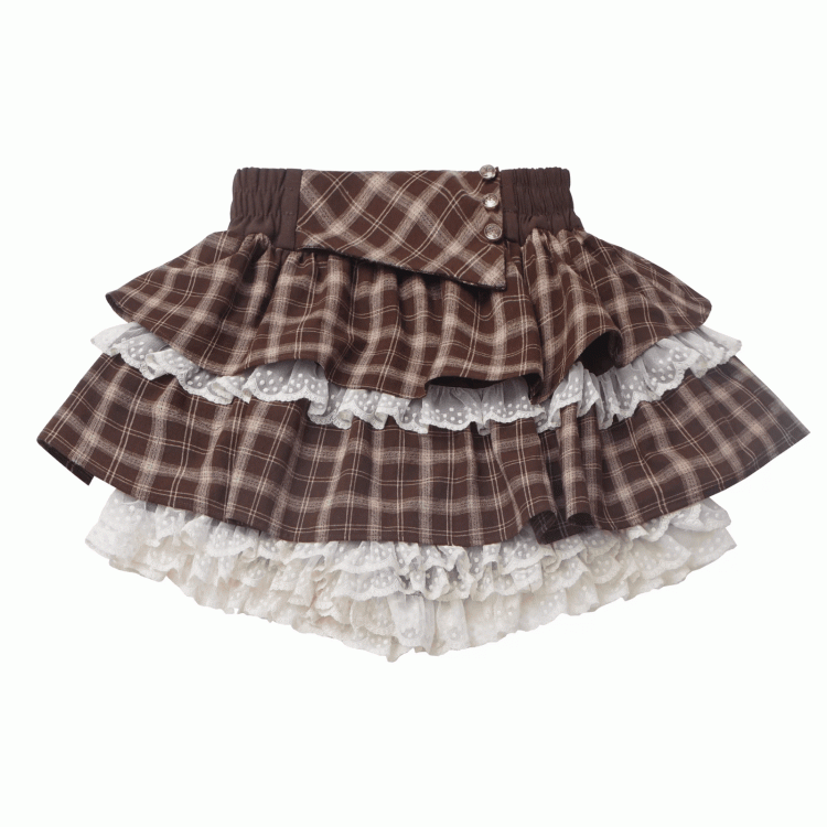Brown Plaid Lace Trim Tiered Skort