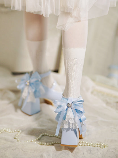 Blue Knotted Bow at Top Lace Trim Heart Buckles High Block Heels