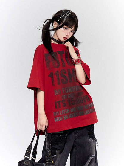 Vintage Letter Print Red Round Neck Distressed Design Oversized T-shirt