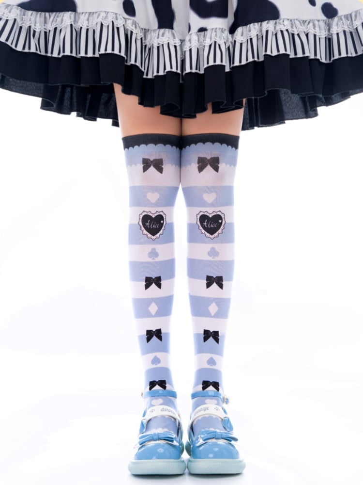 Blue & White Stripes Bow and Heart Print Over Knee Stockings