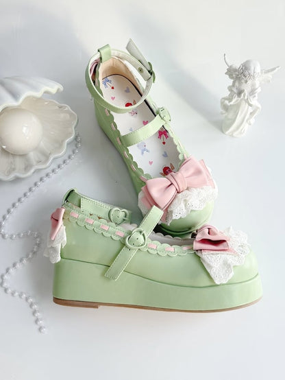 Apple Green Bow at Top Lace Trim Heart Buckles Platforms