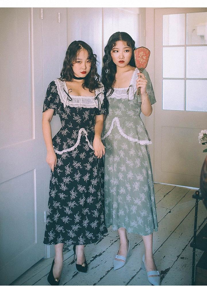 Blackberry and Laurel Vintage Lace Square Neckline SHort Sleeves Long Dress