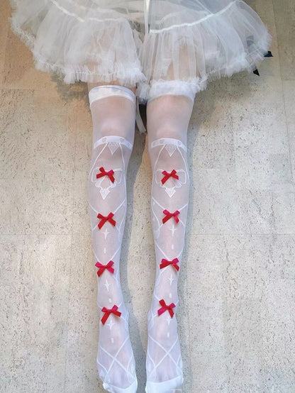 8 Colors Bowknot Details Crisscorss Banded Print Lolita Over Knee Stockings