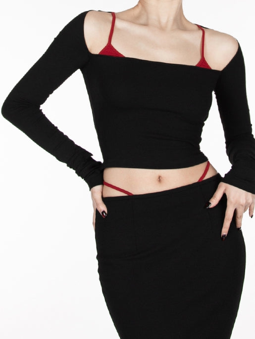 Black Devil Wings Embroidery at Back  Glamorous Cropped Top