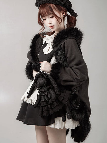 Black Rosette and Bowknot Embroidery Dress + Bunny Ears Hat