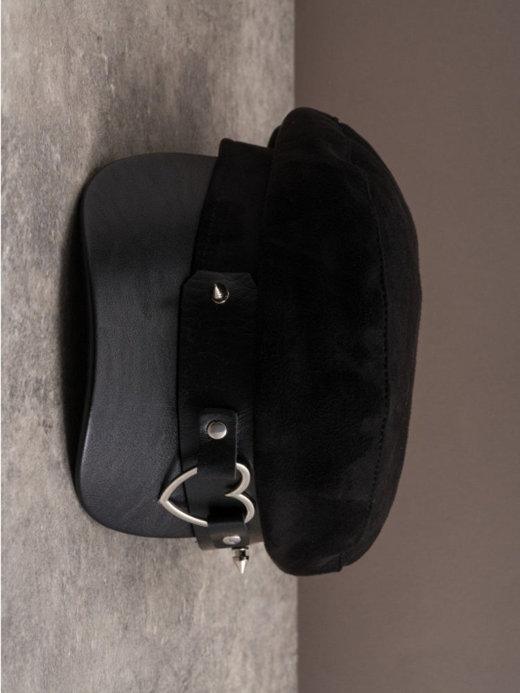 Black Gothic Heart Ring Studs Details Beret Hat
