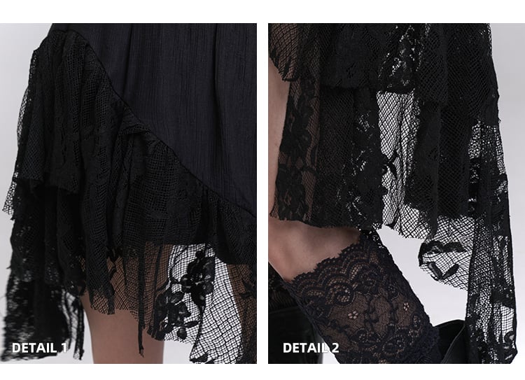 Black Lace Patchwork Cascading Ruffles Skirt