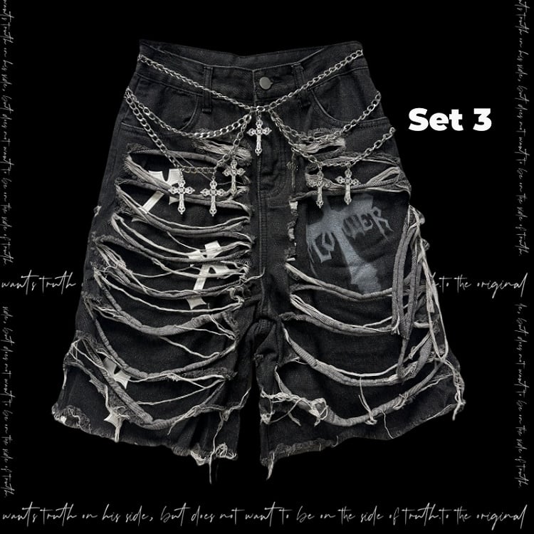 Dark Gray Cross Appliques Distressed Holes Y2K Glamorous Denim Shorts