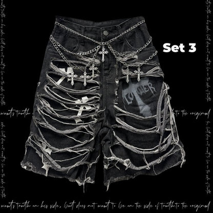 Dark Gray Cross Appliques Distressed Holes Y2K Glamorous Denim Shorts