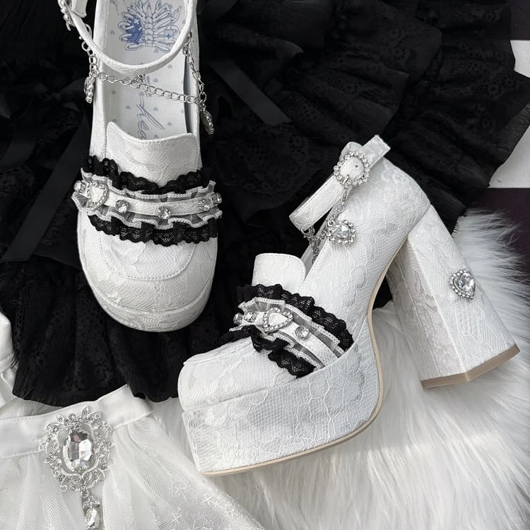 Jirai Kei White Lace Heels: 12cm Platform with Heart Rhinestone Chain & Buckle Ankle Strap