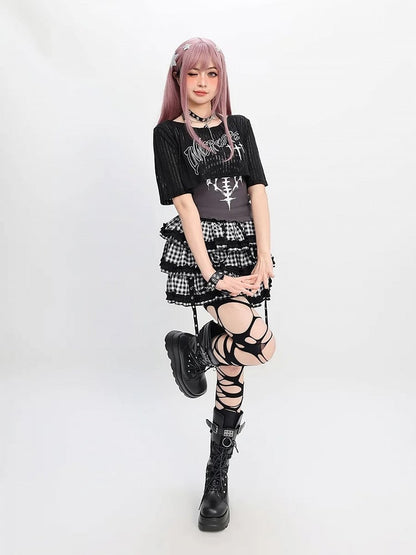 Y2K Red/Gray Halter Neck Graphic Tank Top with Black Cropped Coverup Set