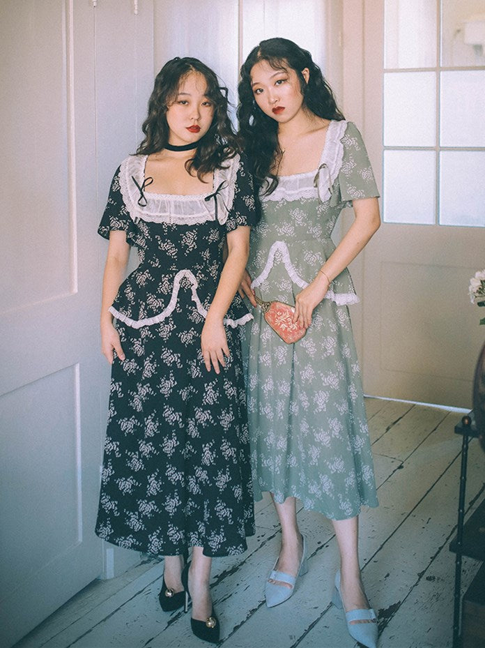 Blackberry and Laurel Vintage Lace Square Neckline SHort Sleeves Long Dress