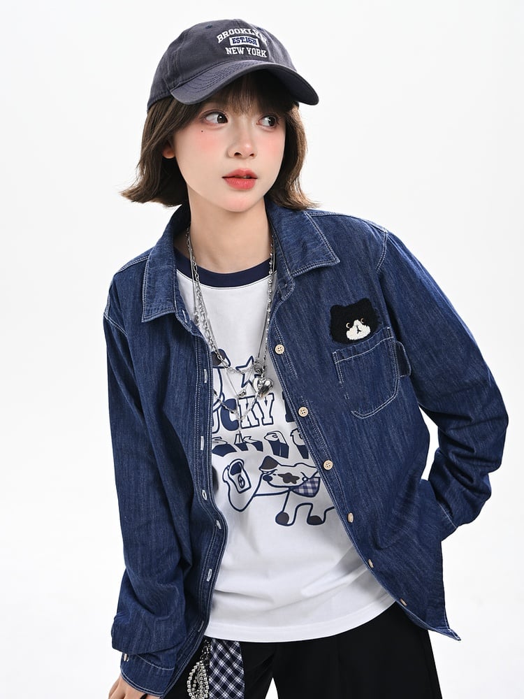 Cute Kitty Embroidery Dark Blue Faded Wash Denim Shirt