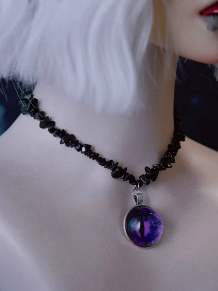 Purple Demon Eye Pendant Gothic Black Crushed Stone Necklace