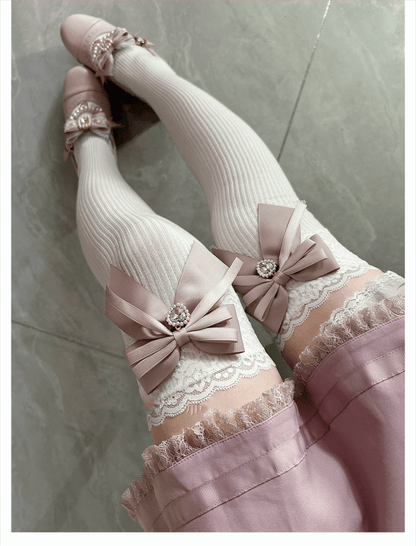 Dusty Pink Bow Detail Front Heart Rhinestone Jirai Kei Over Knee Stockings