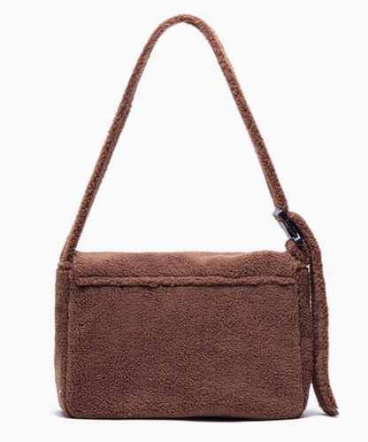 Brown Letter Embroidered Fuzzy Tote Bag With Adjustable Strap - Perfect For Fall And Winter