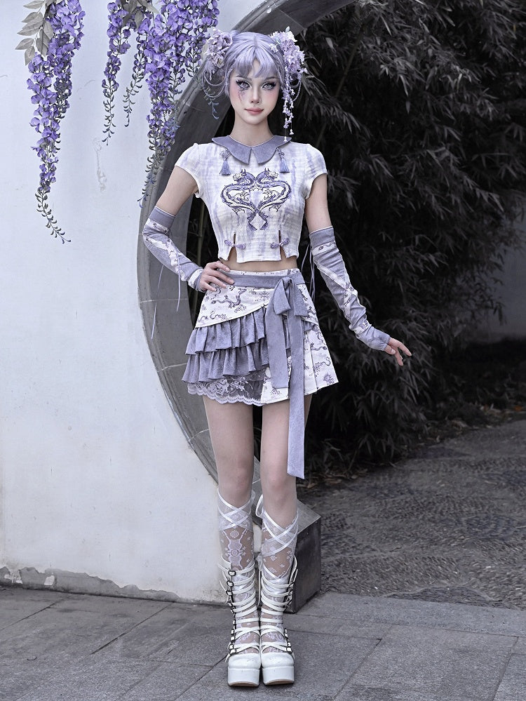 Summer Purple Dragon Print Tie Dye Knitted Cropped Top