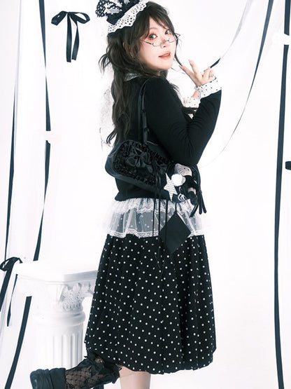 Plus Size Black Below-Knee Skirt with White Polka Dots & Side Zipper