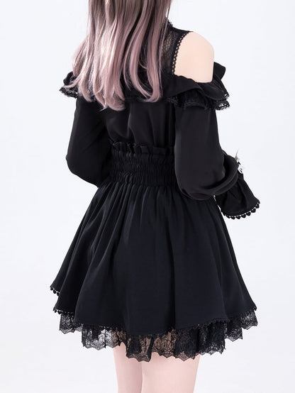 Jirai Kei High Waist Black Skirt Shirring Back Lace-up Front