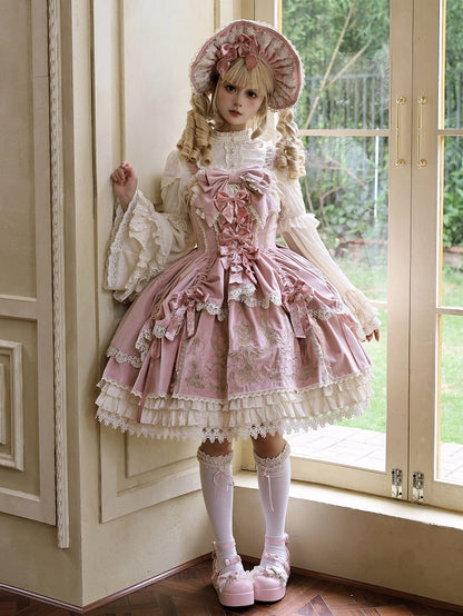 Bows Decoration Candle Embroidery Pink Velvet Dress Lolita JSK / Set