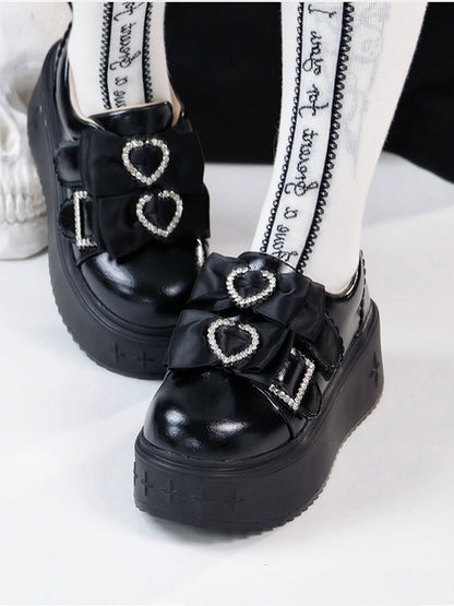 Black Jirai Kei Slip-on Platforms with Rhinestone Heart Decor & Bow Accents in Thicken/Regular Version